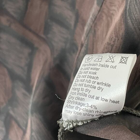 Boho Y2K Beaded Tie-Back Midi Dress 90s Silk Brown Abstract Print Applique Sz 10 - Picture 6 of 9